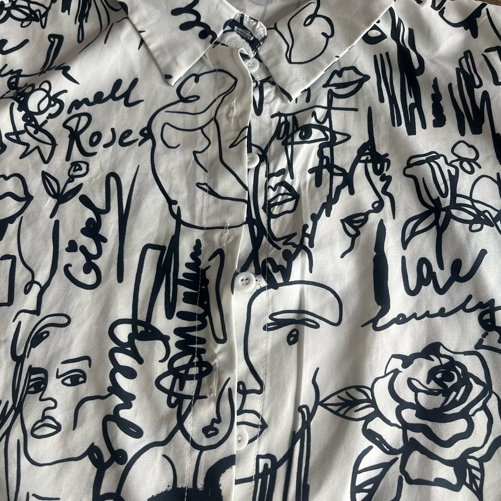 Abstract Line Art Button-Up Shirt — Black on White